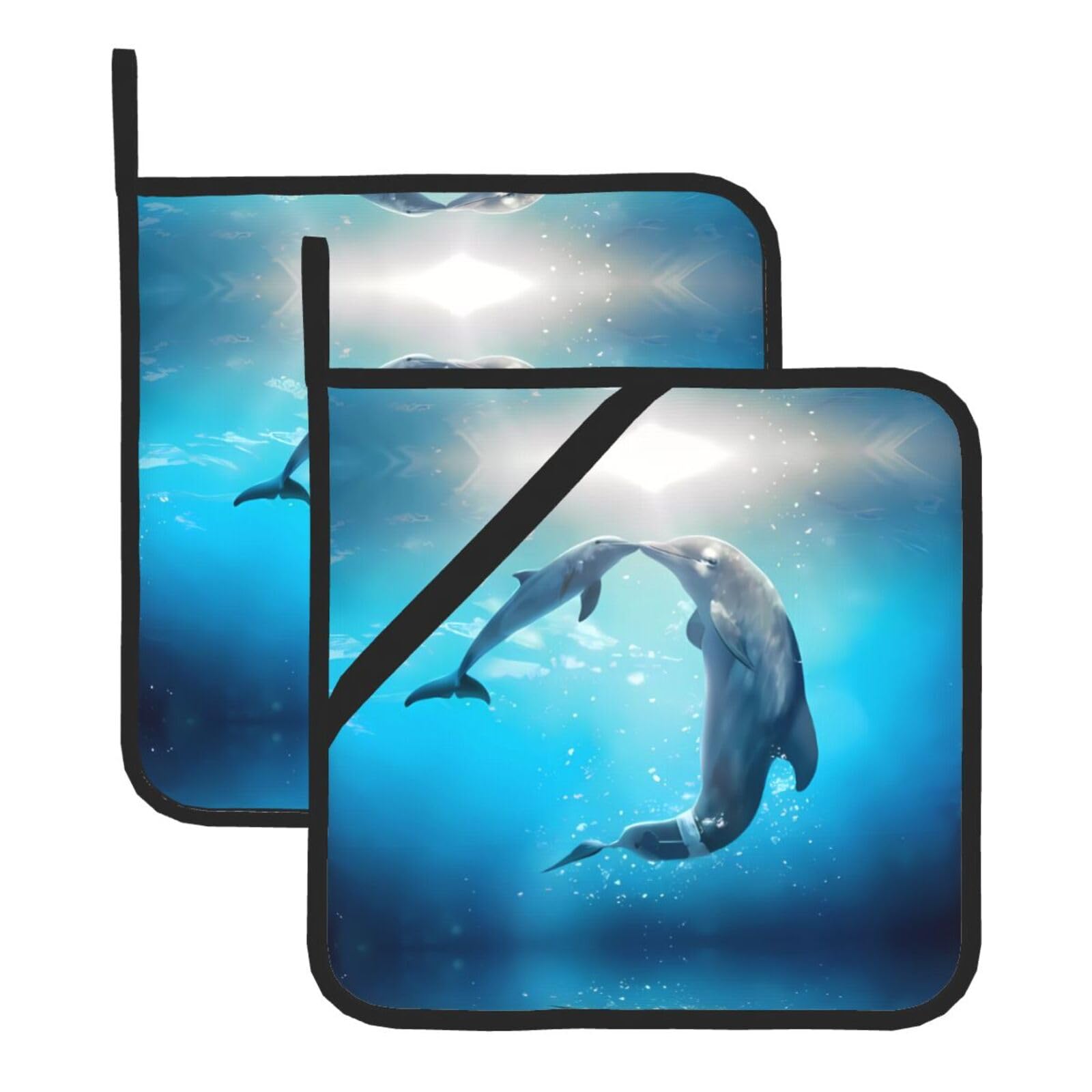 Hjfczh Black Kiss Dolphin Tale Pattern Prints Square Hot Pads Set Of 2 - Waterproof Kitchen Covers For Pots & Pans, Heat Resistant Layers With Hanging Loop - Great For Oven & Bbq
