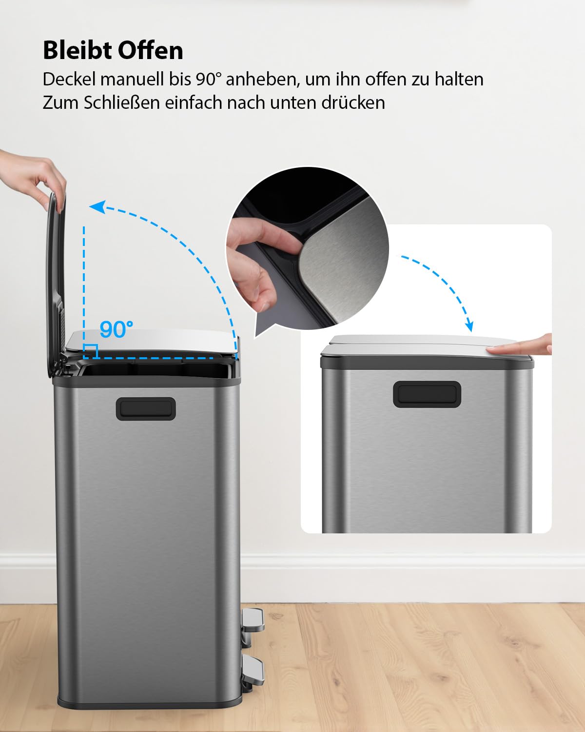 lovewind Mülleimer, 2 x 40L Mülleimer Küche, Doppeleimer für Recycling und Abfall, Silber, Mülleimer aus Edelstahl mit Deckel und Inneneimern, Großes Fassungsvermögen, Deckel mit Soft-Close-Funktion