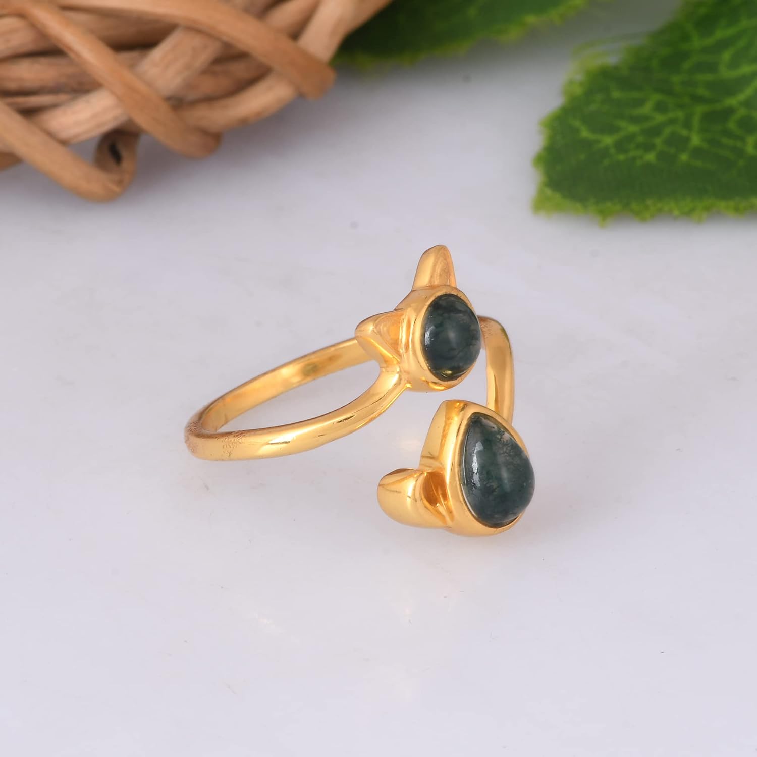 925 Sterling Silver Cat Ring for Women, Dainty Fidget Animal Ring, Handcrafted Elegant Modern Dual Gemstone Cute Open Bypass Adjustable Wrap Band Jewelry (5&7X5mm)