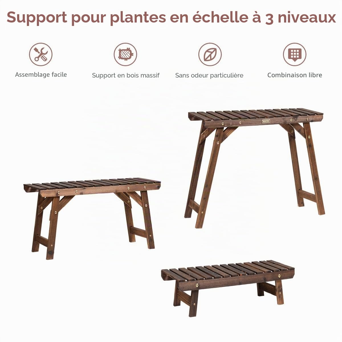 KOMFOTTEU Lot de 3 supports pour plantes, escalier en bois, étagères à fleurs à plusieurs étages, échelle de fleurs, design classique, étagère amovible pour plantes, jardin, balcon, terrasse, nature