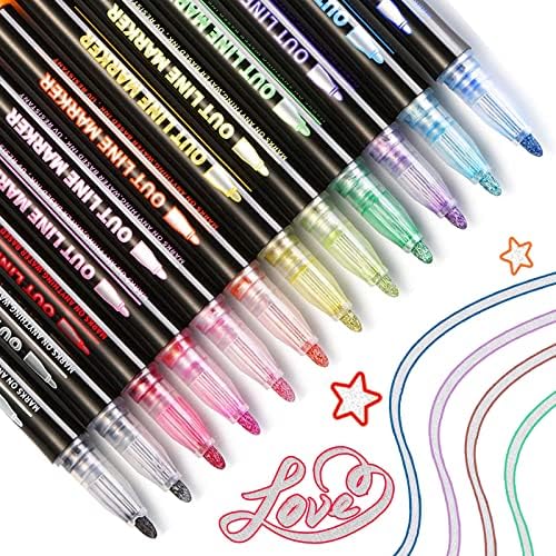 CofunKool Super Squiggles Outline Markers Self-Outline Metallic Markers Glitter Doodle Drawing Double Line Shimmer Marker Pens (12 Color)