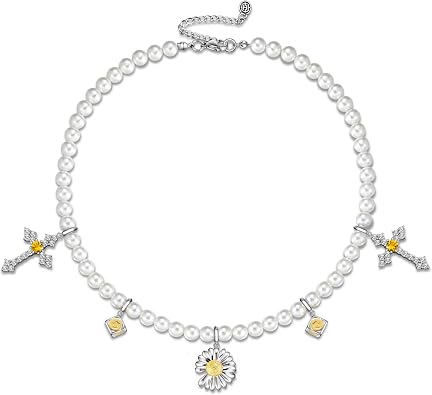 HELLOICE Pearl Necklace Round White Pearl Necklace Pearl Choker Necklace Charm Strand Cross Clover Bead Eye of Ra Tooth and Claw Pearl Necklace for Women Men Daisy and Iced Cross