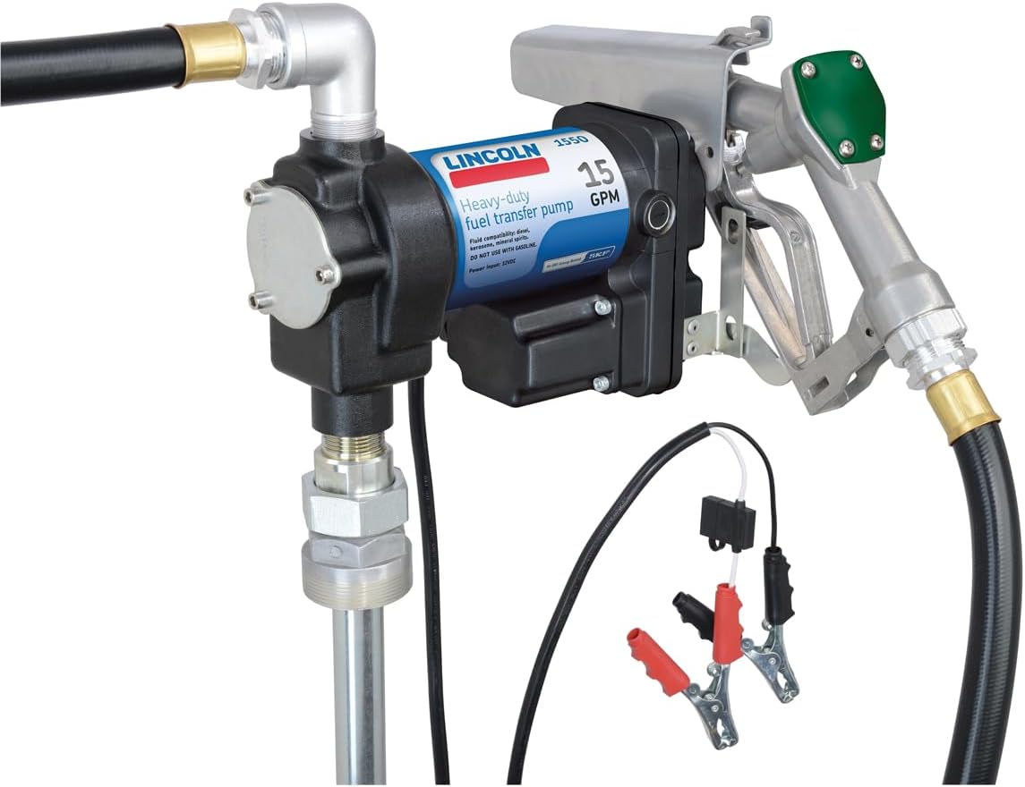 Lincoln 1550 12V Fuel Transfer Pump, 15 Gallons Per Minute, Telescoping Pick-up Tube, Pre-wired Electrical Box, 18' Cable, Weatherproof, Cast-iron, High-flow 1" Inlet/Outlet, 360 Degree Locking Bung
