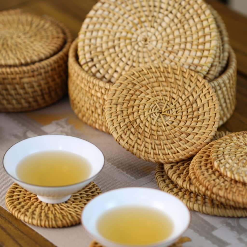HBJWOV 6 Pieces Hand-Woven Rattan Coasters Tea Mats Zisha Pot Mats Heat Insulation Mat Set(20cm)