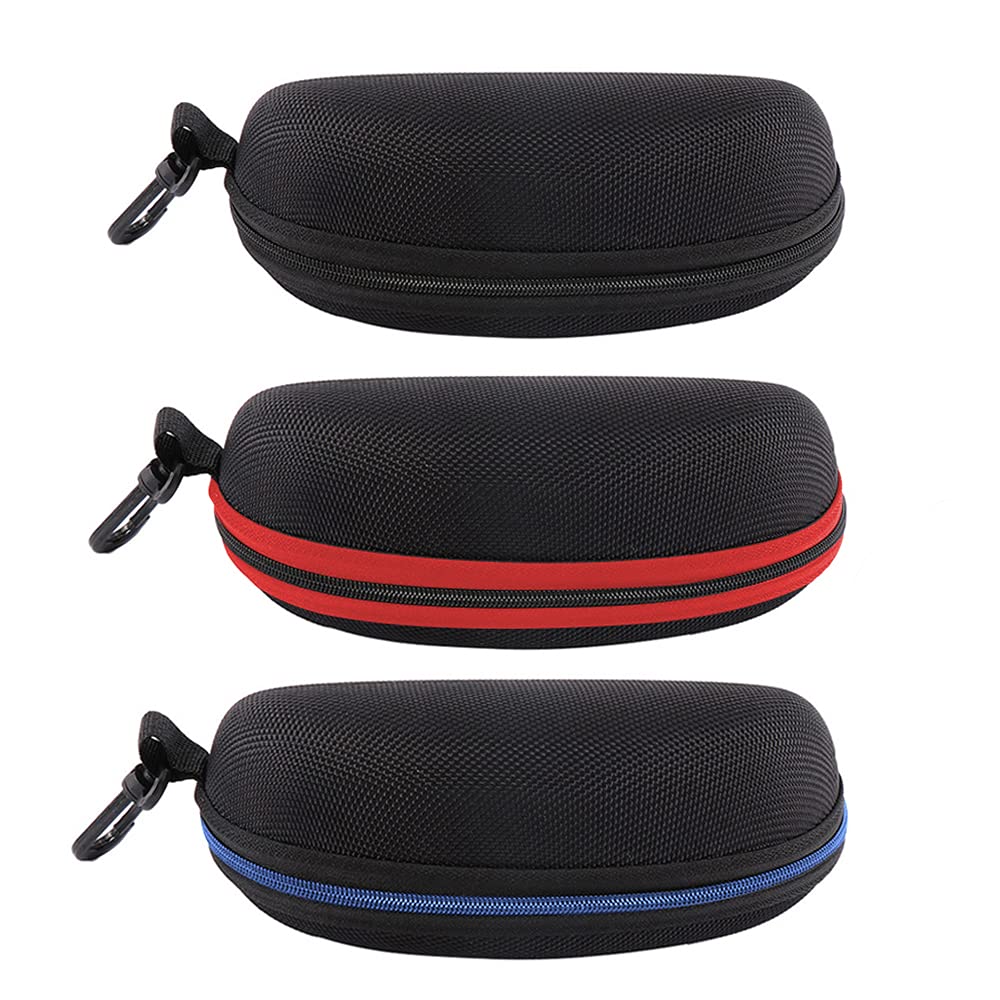 EKdirect 3 Stück Sonnenbrille Brillenetui Reißverschluss Hartschale mit Gürtelclip (Schwarz Rot Blau)