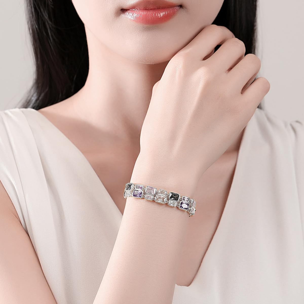 14K Gold Multi-Color Double Layer Moissanite Bracelet, Women's Luxurious Style, Unique Fashion Accessory