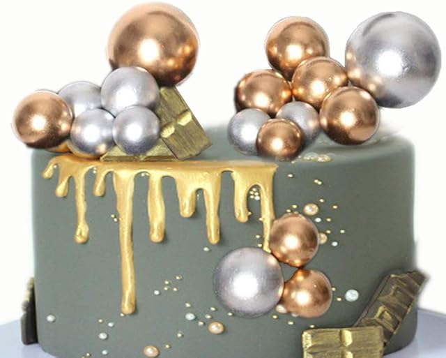 Morofme Gold Silver Ball Shaped Cake Insert Topper 16PCS, Pearl Ball Cake Cupcake Toppers, Ball Cake Picks, Gold Silver Cake Decoration for Birthday Baby Shower Wedding Anniversary Gold Silver Party