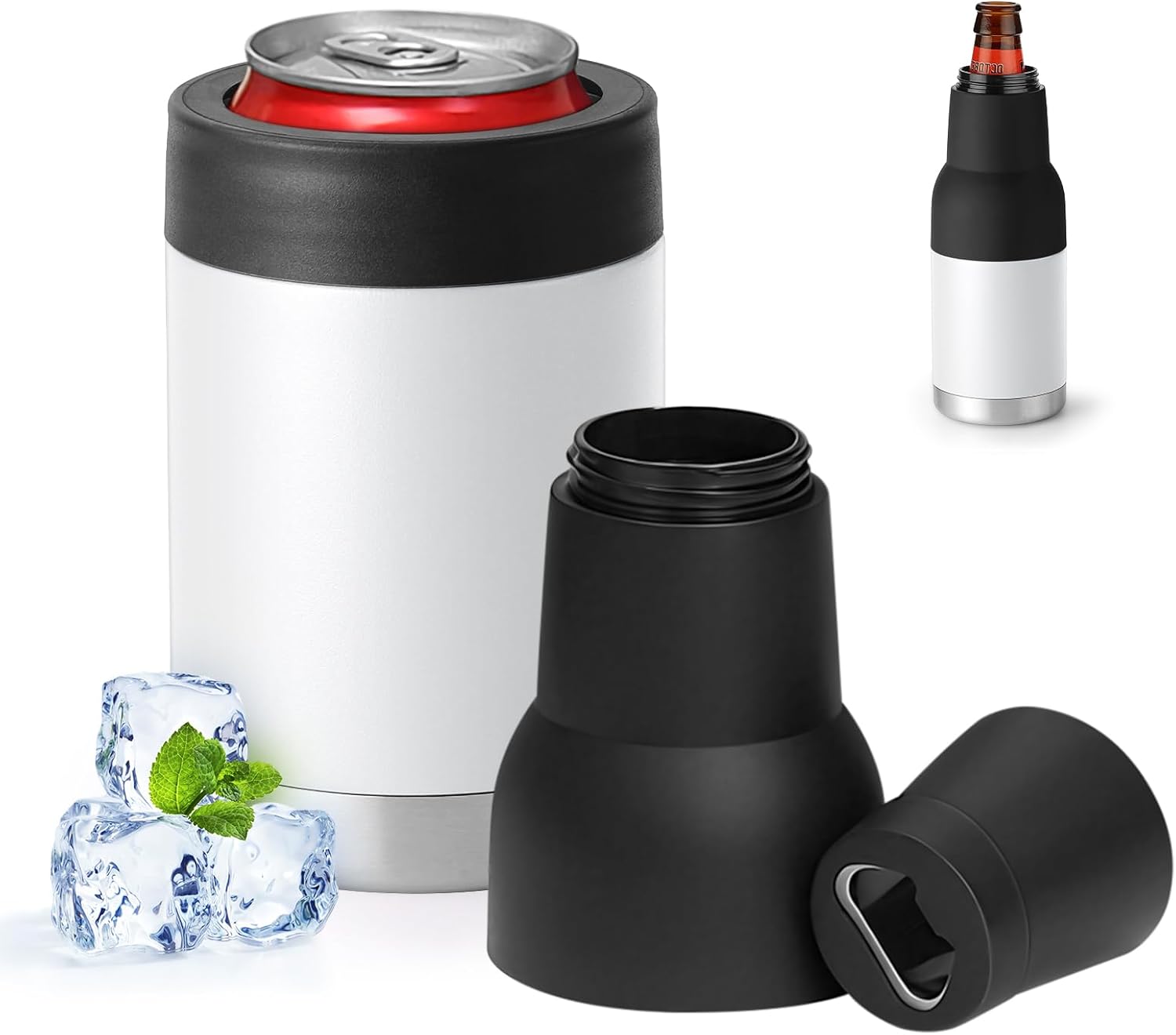 12oz 14oz 16oz 3-in-1 Vacuum Double Wall Wide Mouth Can Cooler with Extended lid & Bottle Opener,Stainless Steel CanCooler Insulated,Keep Cold Drink Beer Cooler for Cans