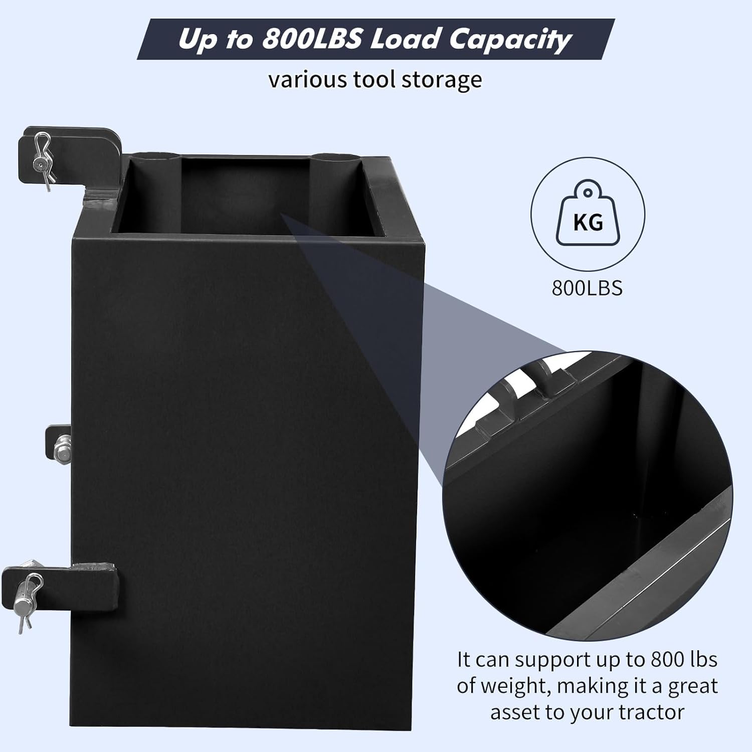 Heavy Duty 3 Point Tractor Ballast Box, 800 Lbs Weight Capacity for Category 1 Hitch - Compatible with Loaders & Skid Steers, 2 Inch Receiver & Tool Storage, Black