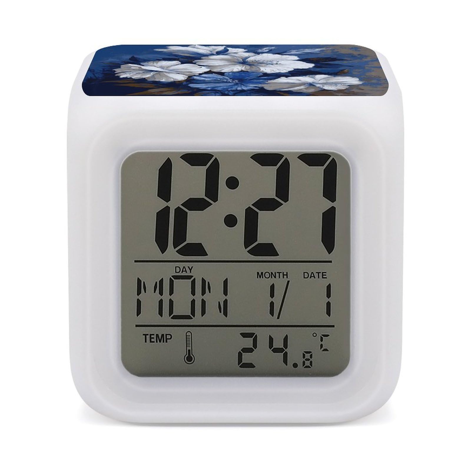 Reloj despertador LED con termómetro digital de diseño de flores y lámpara de noche de colores