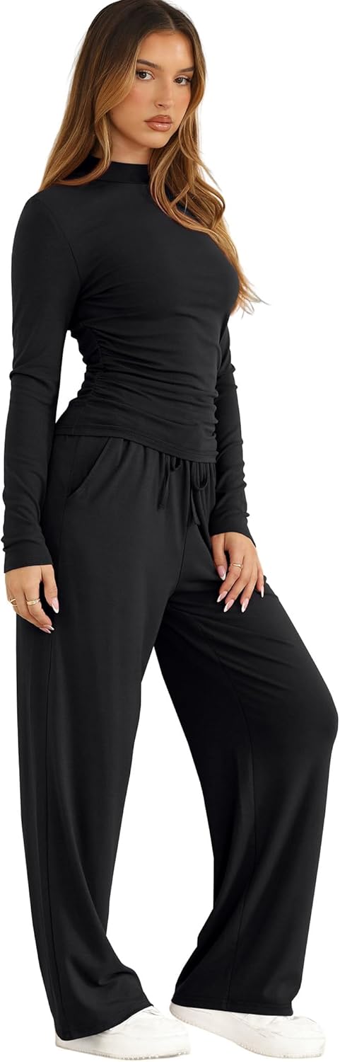 Sampeel Two Piece Lounge Set for Women 2 Piece Fall Outfits 2025 Mock Neck Ruched Tops Wide Leg Pants Travel Airport - Image 3