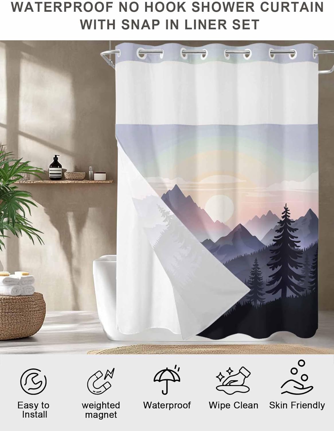 Prime Leader Sunrise Mountain No Hook Shower Curtain with Snap in Liner Black Forest Tree Nature Landscape Shower Curtain for Bathroom, Fabric Waterproof Inner Liner with Mesh Top Window, 36x72