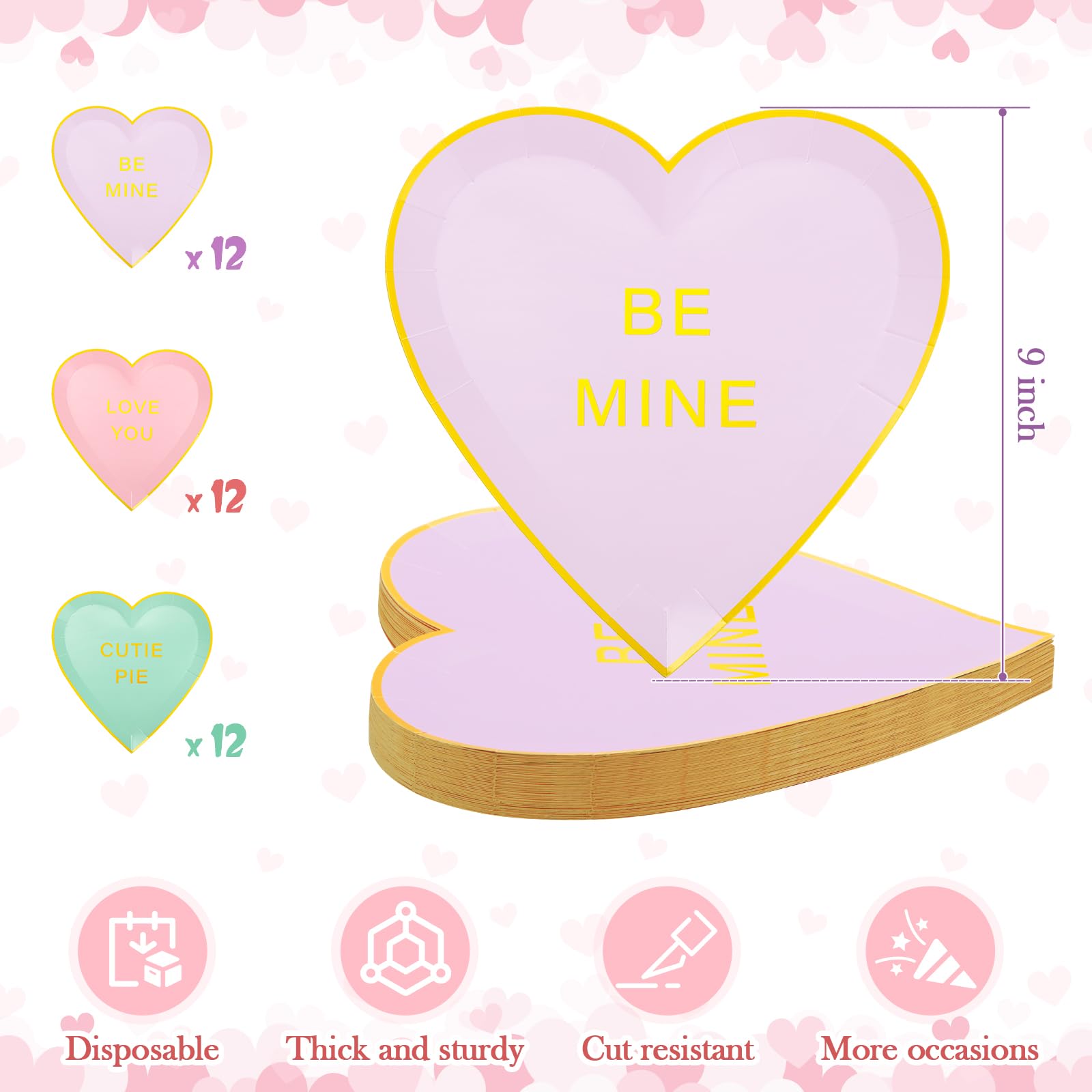 Suclain 36 Pcs Valentine's Day Paper Plates Bulk 9 Inch Heart Shaped Disposable Love You Dessert Cake Plates Pink Purple Green Heart for Valentine's Day Wedding Party