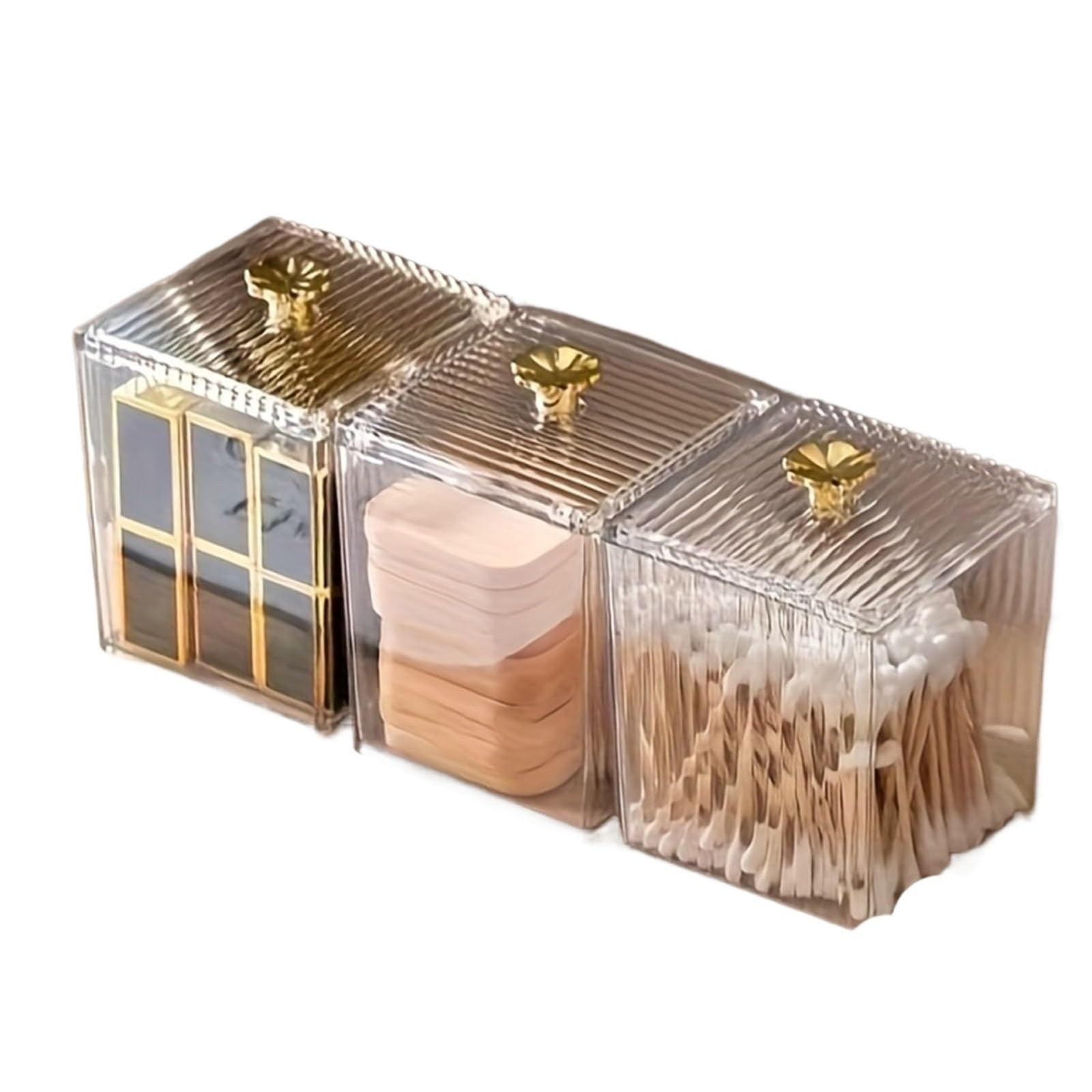 QuxetlRyz 1/3pcs Clear Makeup Organizer - Golden Handles Dustproof, Compact Desktop Vanity Box for Jewelry/Toothpicks/Beauty Tools Cotton Buds Holder(3pcs)