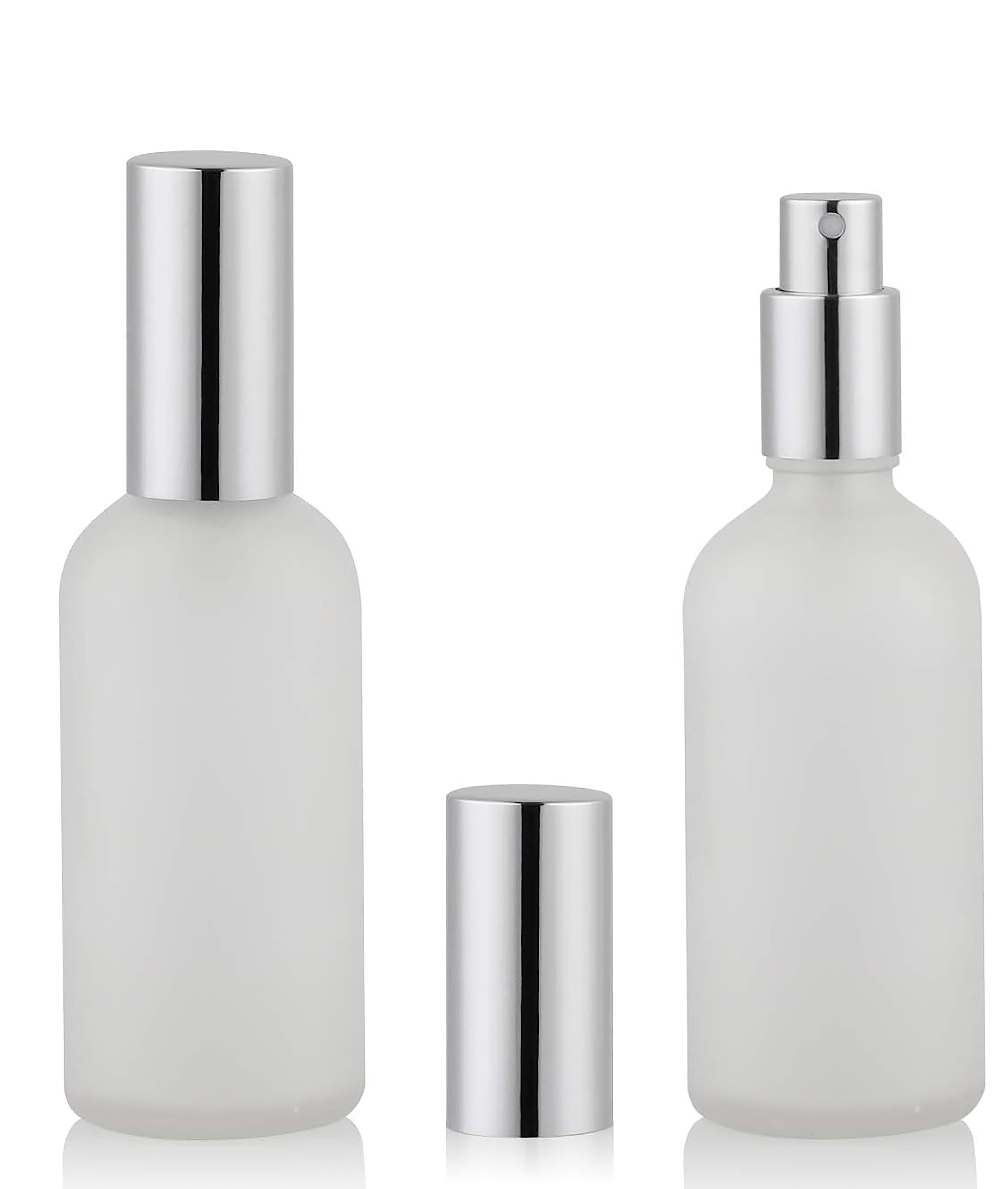 ALMEKAQUZ 100ml Frosted Glass Spray Bottles, Leak Proof Travel Empty Refillable Bottles for Perfume With Caps (Silver, 2 Pcs)