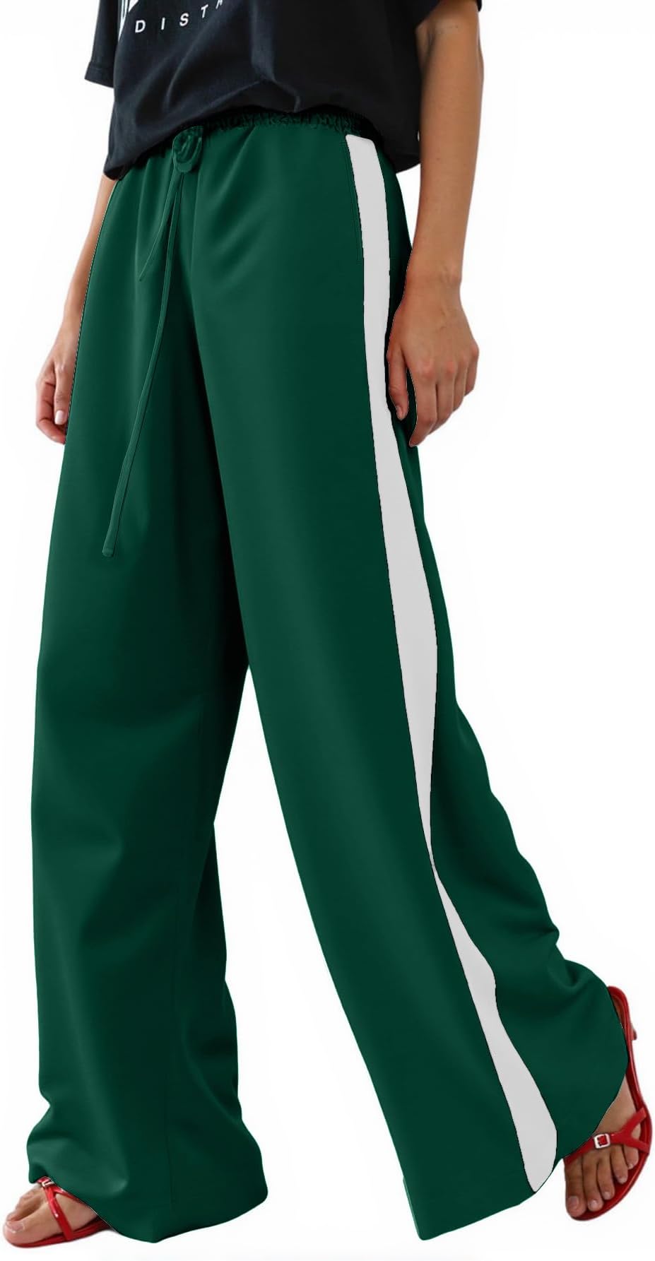 Women's Casual Pants Drawstring Leopard Print Color Block Side Striped Straight Leg Wide Leg Loose Pants