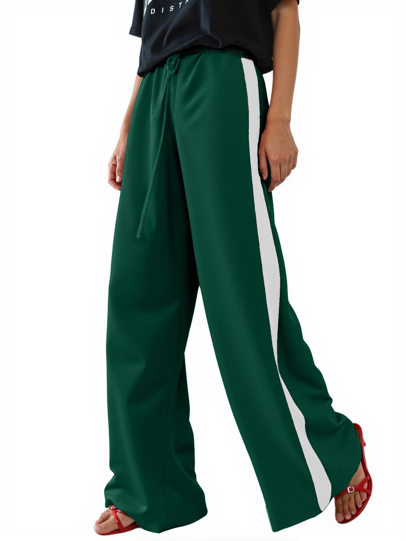 Women's Casual Pants Drawstring Leopard Print Color Block Side Striped Straight Leg Wide Leg Loose Pants