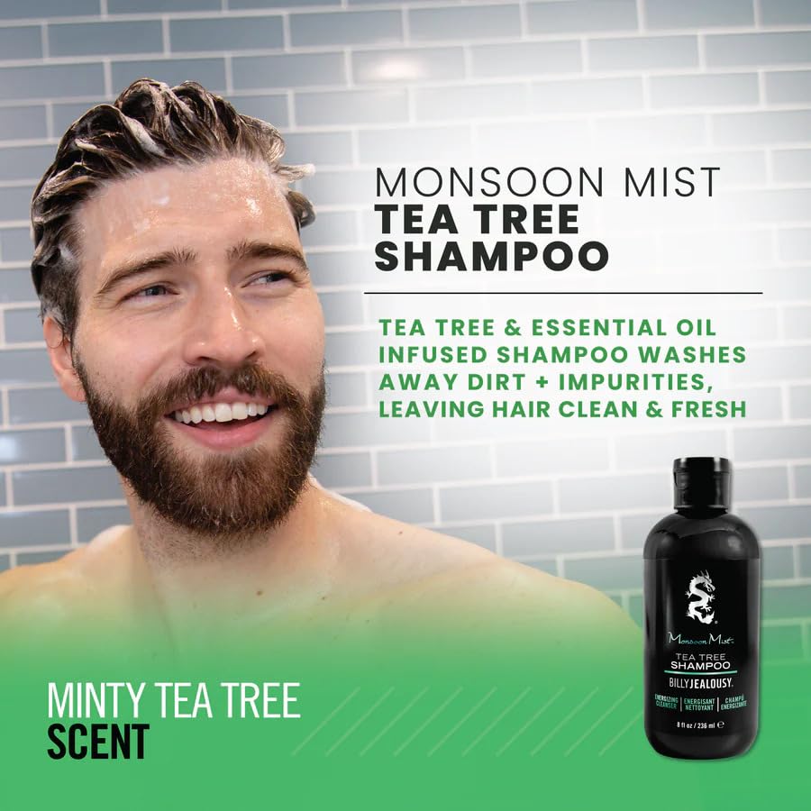 Billy Jealousy Monsoon Mist Tea Tree Energizing Men's Shampoo with Peppermint & Rosemary, Removes Oil Build-up and Soothes Scalp Itch & Irritation, 8 Oz.