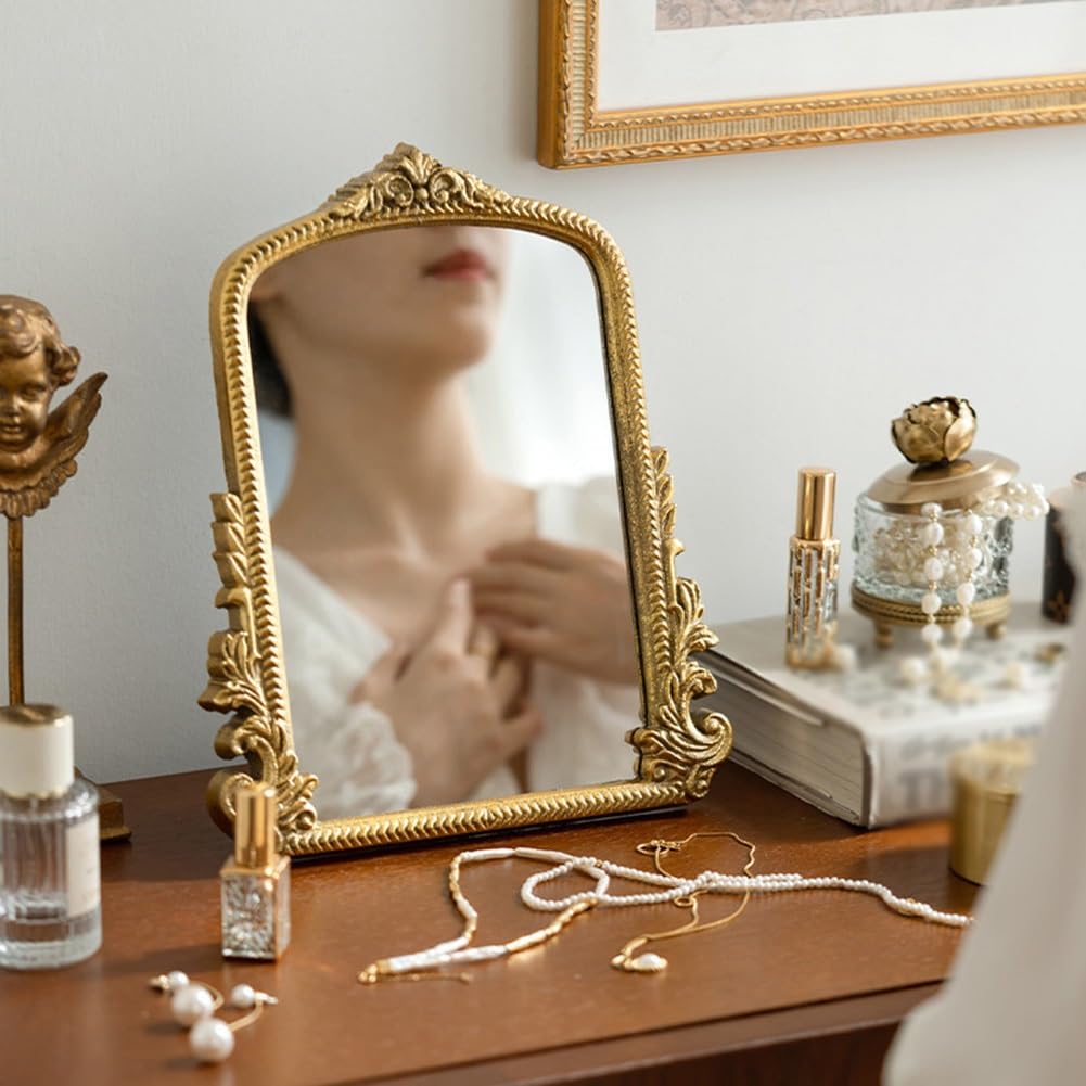 Specchio da Toeletta Barocco Vintage, Specchio da Trucco da Tavolo ad Arcos, Specchi Indipendenti per Comò, Camera da Letto, Soggiorno(25x31cm)