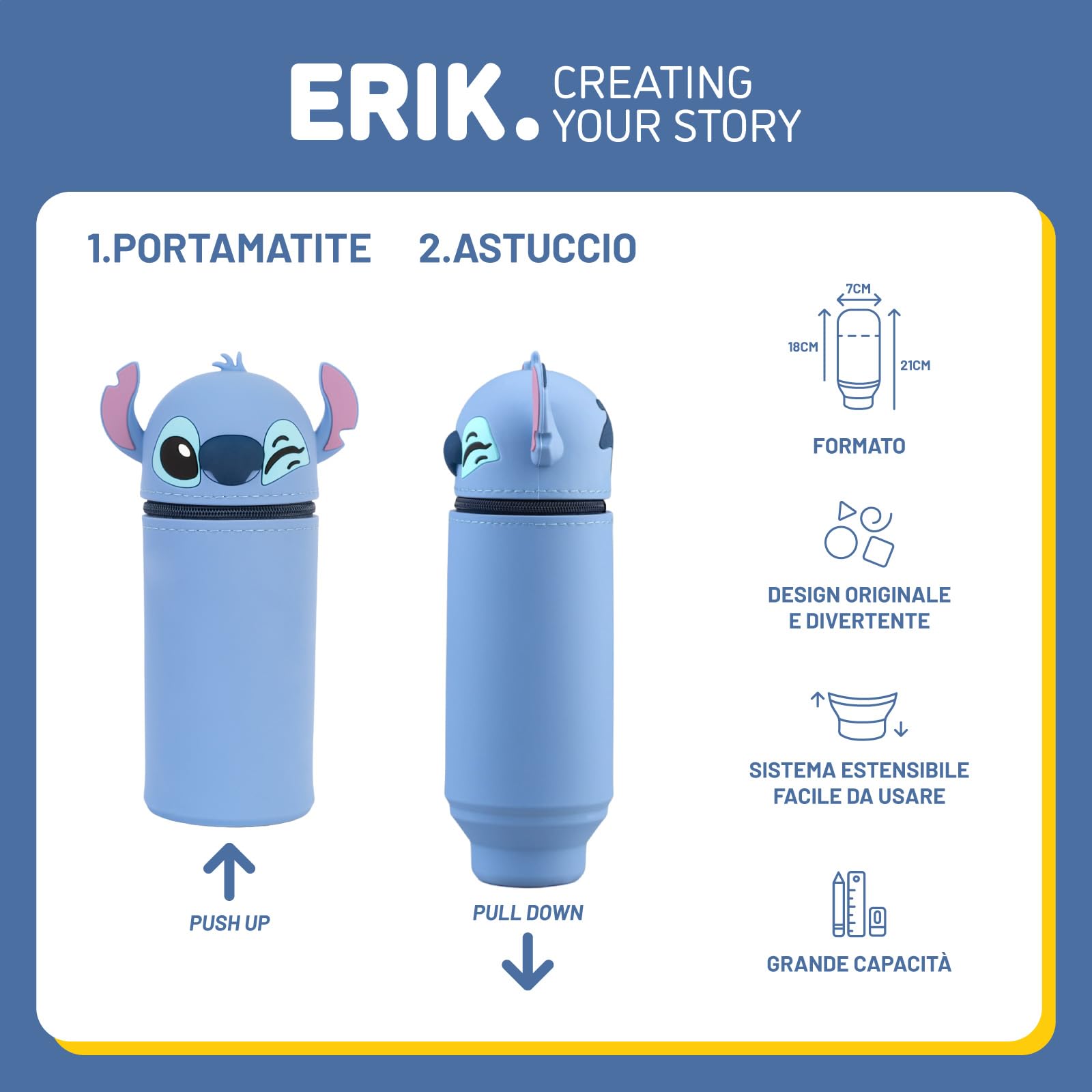 Astuccio Silicone 2 In 1 – Stitch Design – Portapenne Telescopico Con Cerniera – Morbido E Impermeabile – Capiente Per Scuola E Ufficio
