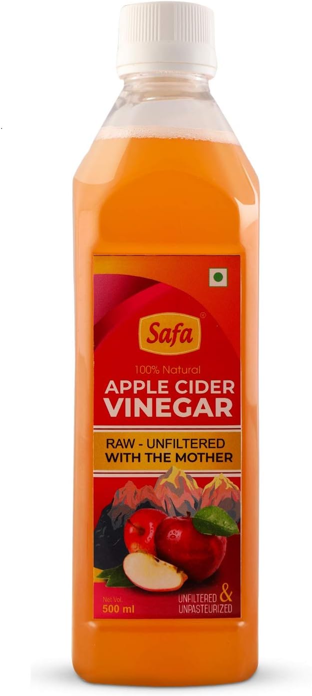 Safa Apple Cider Vinegar with Mother 100% Pure Raw Unfiltered & Unpasteurized for Marinades Weight Loss drinks Health and Beauty Recipes DIY Natural Home made Cosmetics and Salad Dressings 500ml