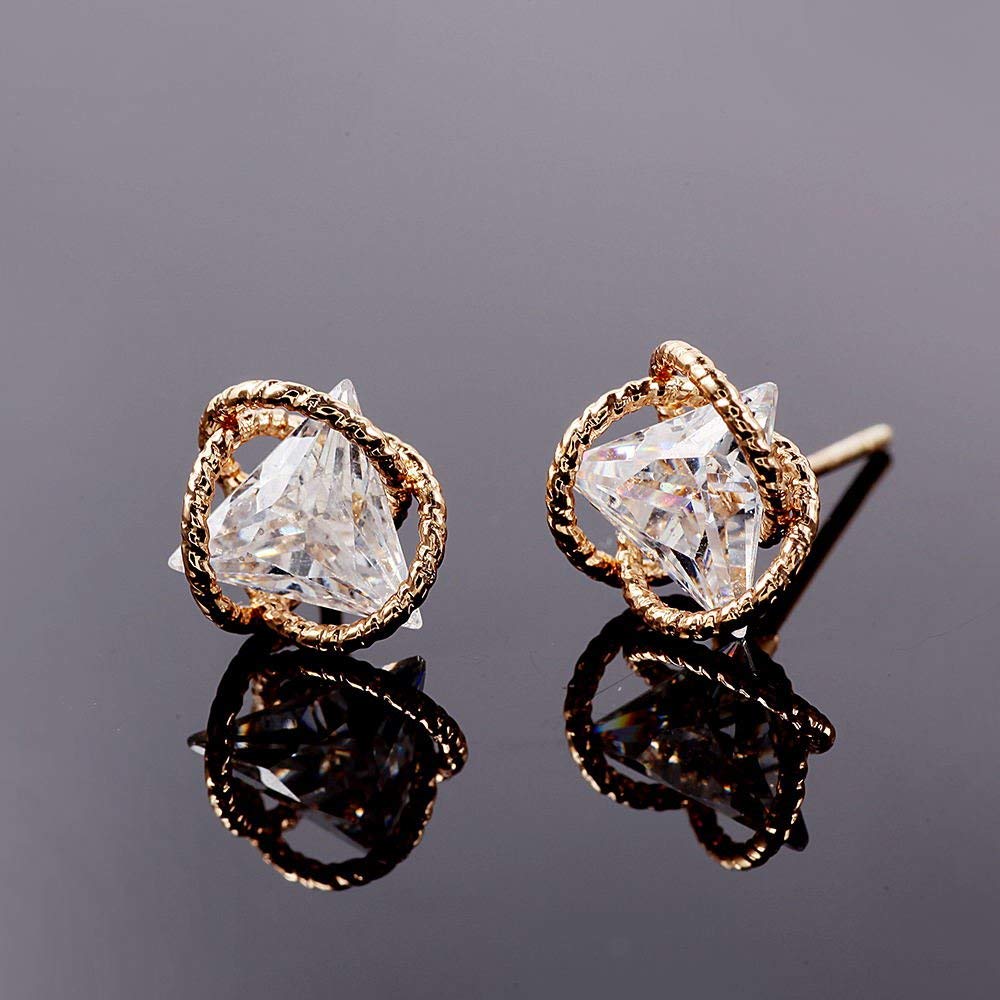 Aretes de tuerca de circonita cúbica con triángulo geométrico para mujer, latón chapado en oro,, Cristal, Circonia cúbica 5