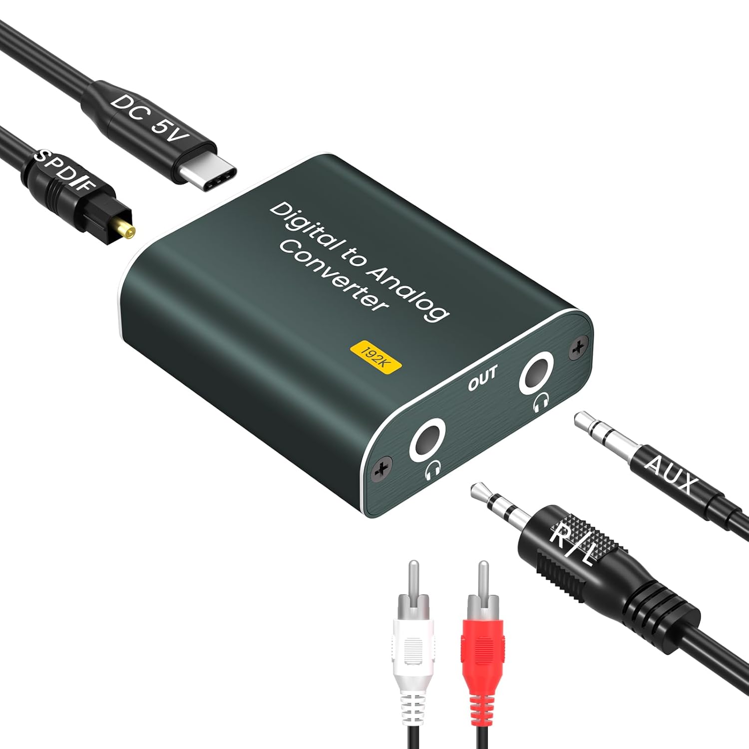 Hdiwousp 192kHz DAC Converter: Optical to 3.5mm AUX & RCA Analog Audio Adapter with Cables, Plug & Play