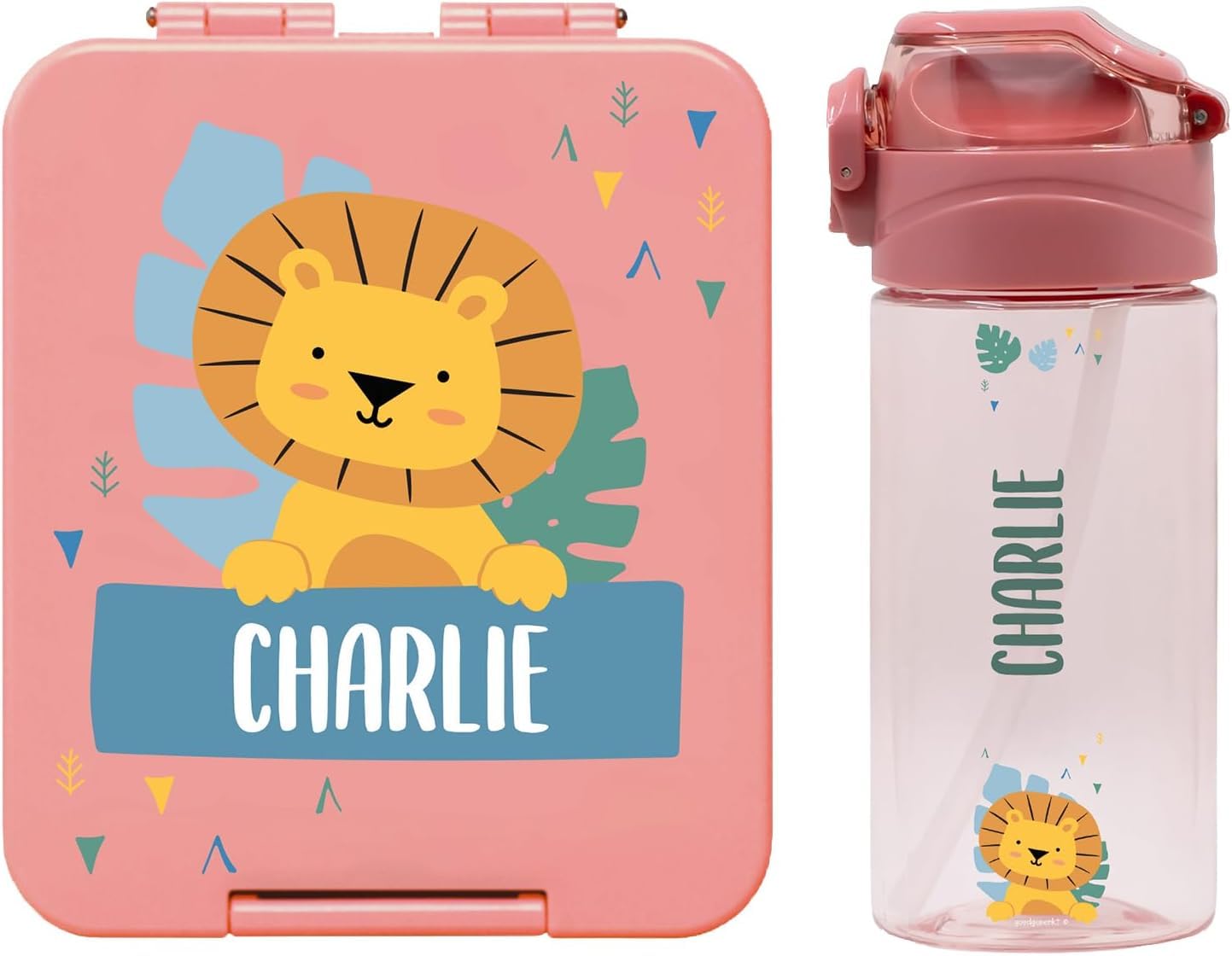 EASY2NAME Personalised drinking bottle and lunchbox set. Drinking bottle 450ml with straw. 100% BPA-free (Dusty Pink)