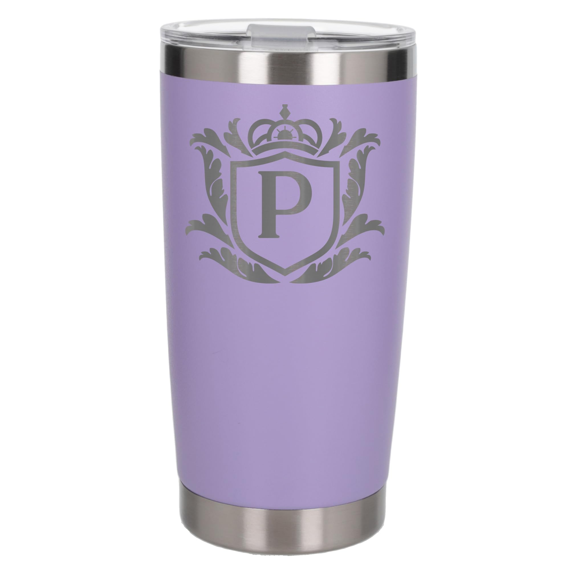 Customised Gifts 500ml Engraved Shield Initial Monogram Insulated Personalised Lavender Travel Mug for Men and Women - Personalised Initial Coffee Travel Mug for Hot and Cold Beverages, Letter P