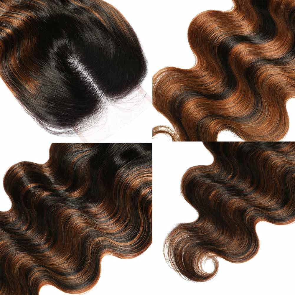 Beauty Forever #FB30 Highlight Color Brazilian Body Wave Human Hair 4x4 Lace Closure,Balayage Ombre Blonde Remy Human Hair Free Part Swiss Lace Closure 14 Inch