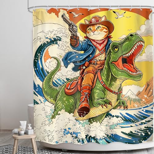 Image of Kids Funny Cat Riding Dinosaur Cool Japanese Bathroom Shower Curtain Set