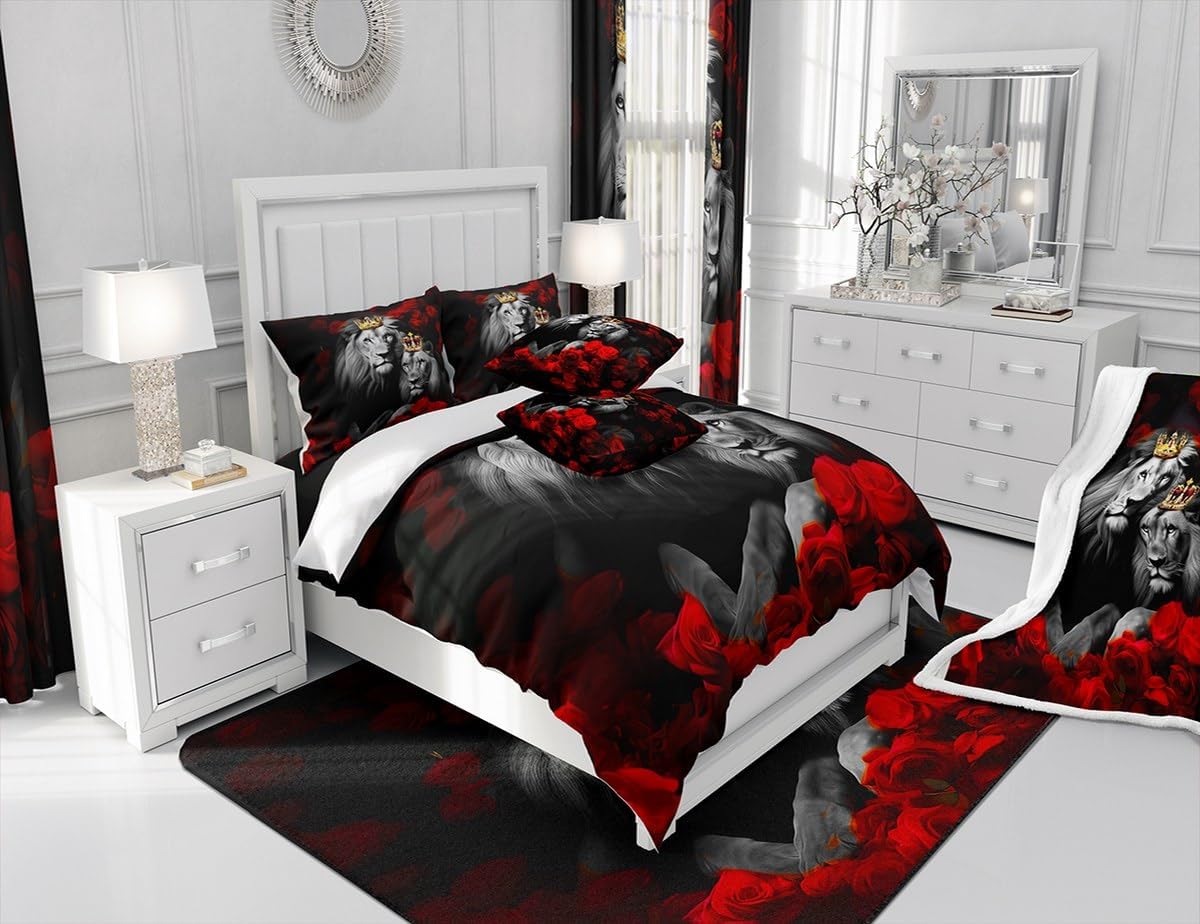 jejeloiu Wild Lion Couple Comforter Set Full Size Couple Red Rose Floral Comforter for Girls Women Lover Gold King and Queen Crown Bedding Set Valentine's Day Duvet Set Room Decor