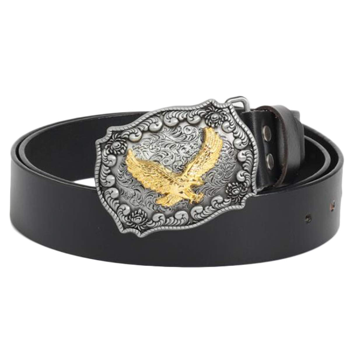 Daisybaby Unisex Style 3 Black Men Genuine Leather Belt With Western Cowboy American Eagle Belt Buckle Black Size 36