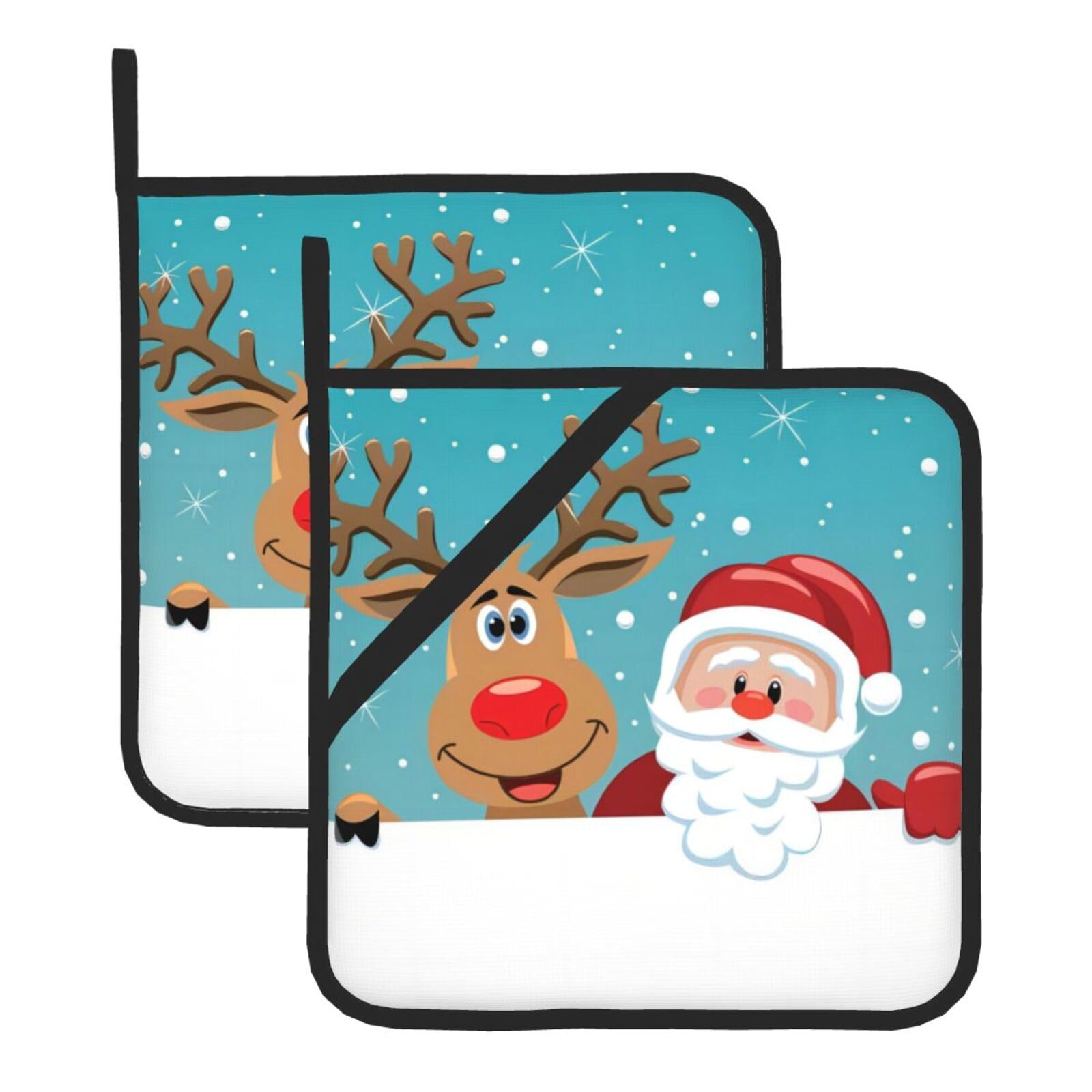 WHJSSF Sant Claus Deer Prints Square Pot Holders - Heat Resistant Kitchen Trivets 2-Pack - Waterproof Covers for Hot Dishes, Oven & Grill with Hanging Loop