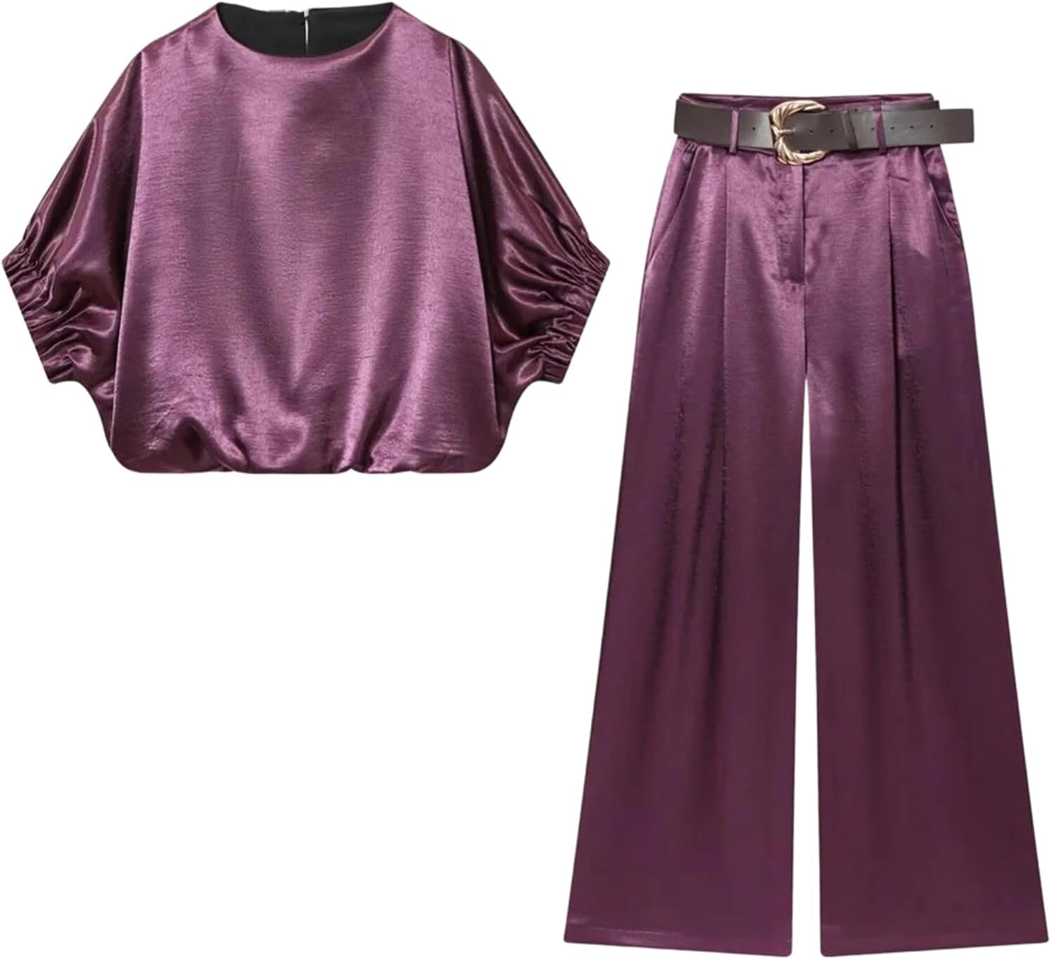 Women's Boho 2 Piece Pant Sets Half Sleeve Silk Satin Blouse and High Waist Wide Leg Trousers with Belt Vacation Outfits