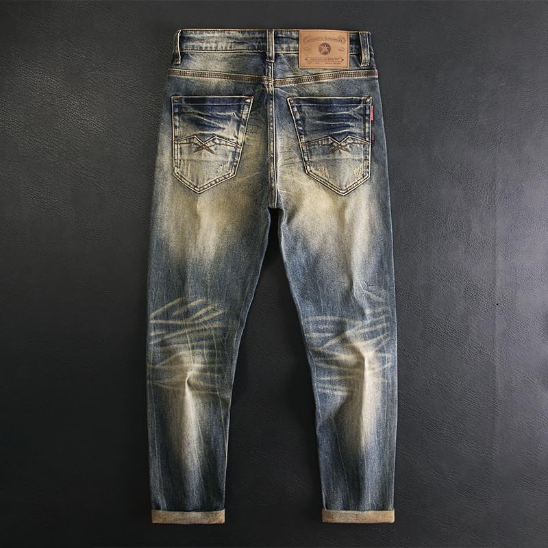 Men Jeans Retro Black Blue Stretch Slim Fit Ripped Jeans Vintage Denim Pants Mens ​​Trousers4