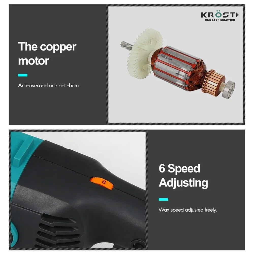 KROST Professional 7" Car Polisher Machine Combo With Backup Pad And Wool Buffing Pad Double Insulated With Speed Adjustment,Copper Winding (KROST) - Image 3 thumbnail
