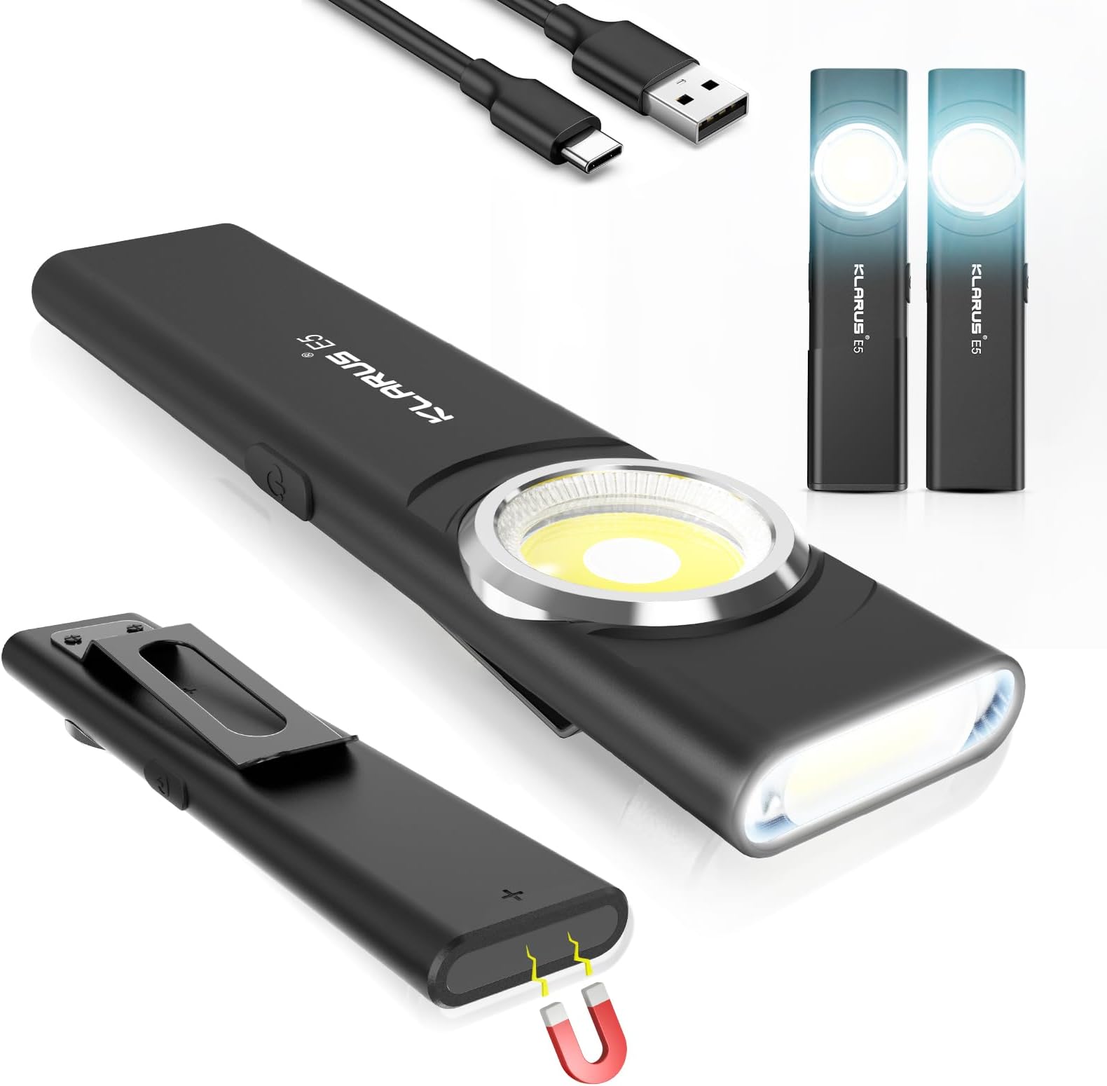 klarus E5 Flat EDC Torch,USB C Rechargeable COB Work Light, 470 Lumens Mini Flashlight with Magnetic Base and Buckle Clip Suitable for Maintenance, Camping, Hiking, Emergency [Energy Class A+]