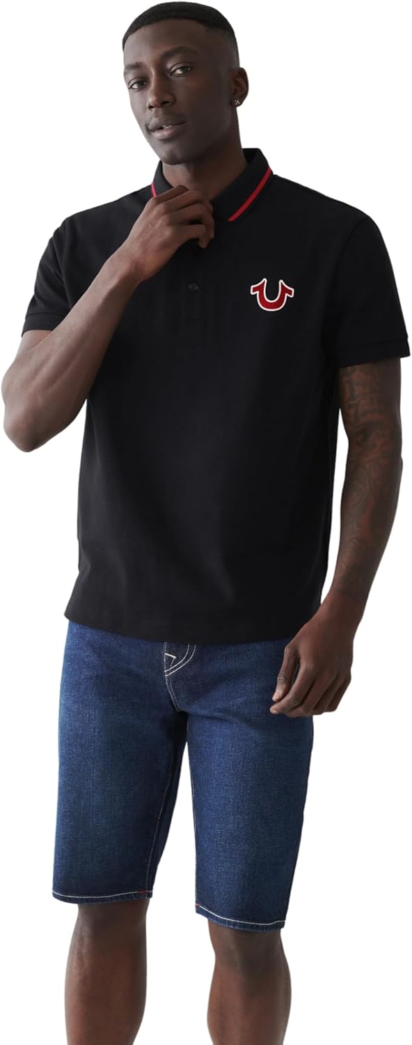 True Religion Men's JV7 Tipped Polo – Short Sleeve Cut & Sew Knit Polo Shirt with Contrast Trim & Logo - Image 3