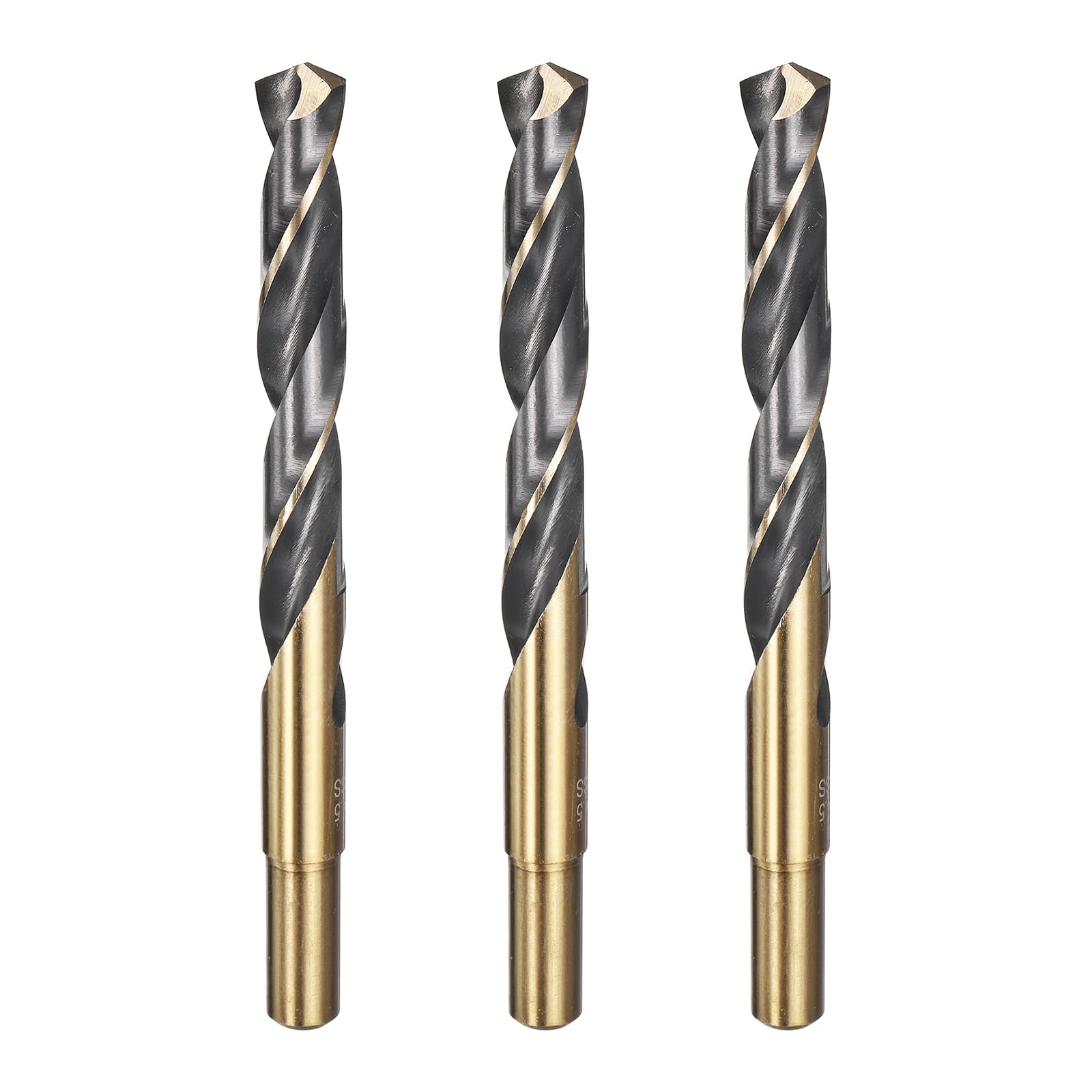 sourcing map 4pcs Reduced Shank Twist Drill Bit 14.5mm Dia 13mm Shank High Speed Steel M2 Black and Gold Oxide Finish Drill Bits for Drilling Hard Metals, Stainless Steel, Cast Iron
