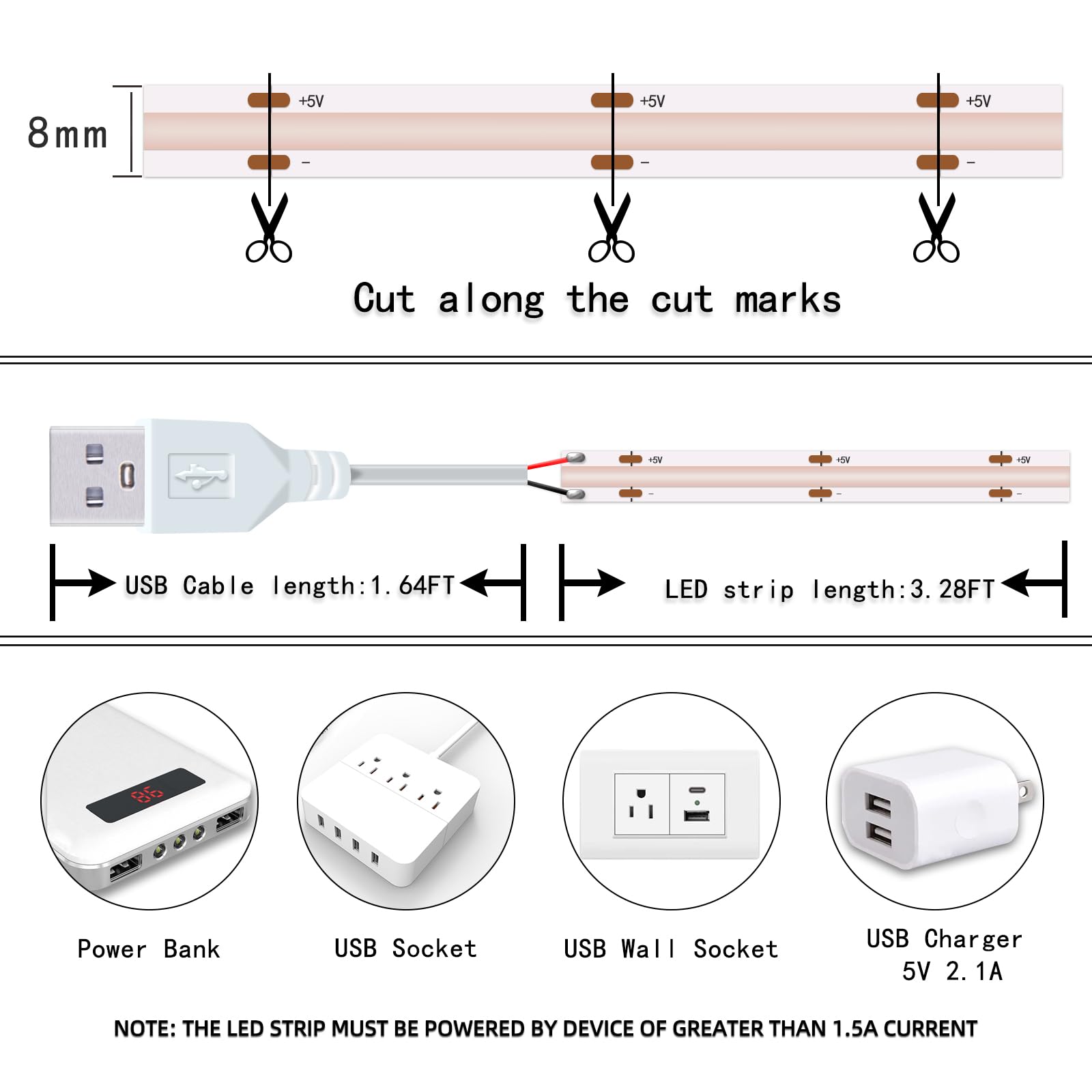 Lila LED Strip Lights 5V USB Nicht Dimmbar, Flexible COB LED Lichtschlauch 320LEDs/m, Super Hell Lila mit USB für Wohnzimmer Beleuchtung Dekoration