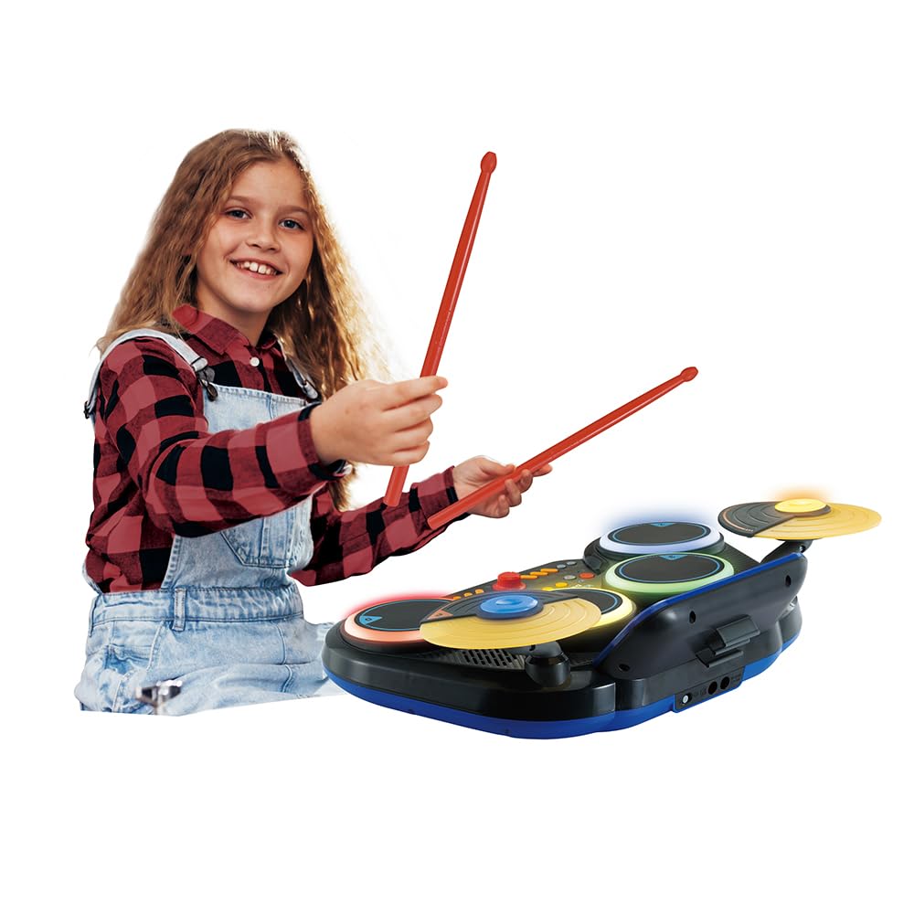 VTech Kidi DJ Drums, elektroniczny akumulator dla dzieci z podkładkami świecącymi, grami muzycznymi, trybem Bluetooth i wbudowanym mikrofonem, pałeczkami w zestawie, język włoski, baterie w zestawie,