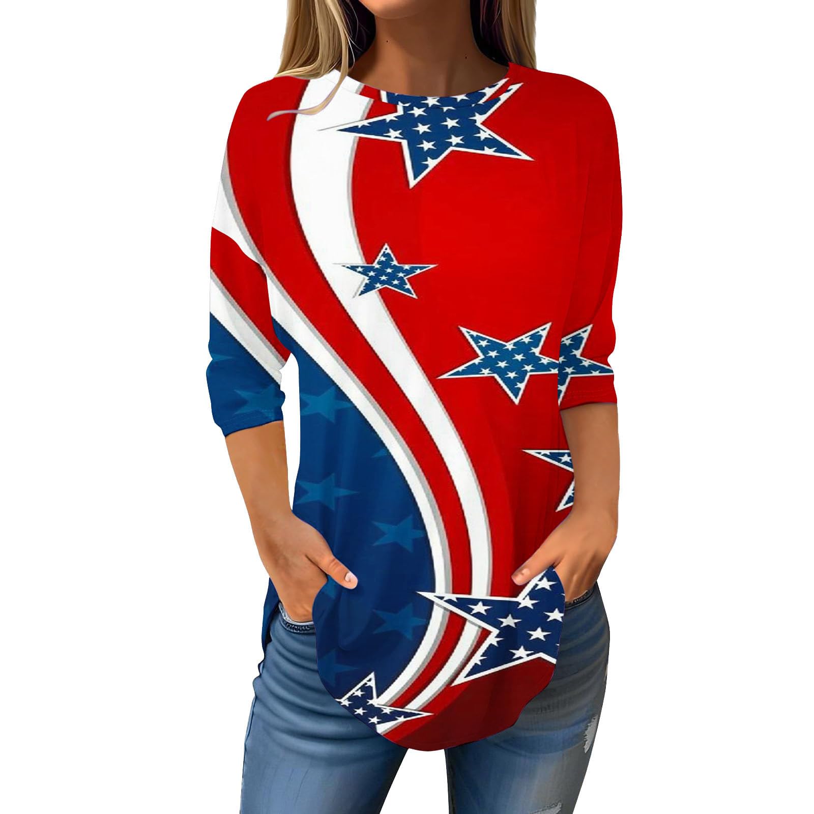 Women 4th of July Tops 3/4 Sleeve Red White and Blue American Flag Shirts Casual Loose Fit Summer Long Dress Shirts