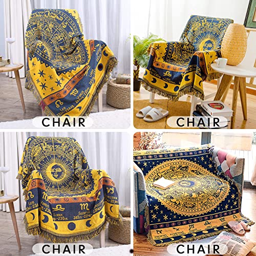 Captainray Boho Woven Throw Blanket Reversible Cotton Bohemian Tapestry Hippie Room Decor Witchy Astrology Zodiac Celestial Constellation Carpet Bed Couch Sofa Cover Sided (Yellow, 51"X71") #TOP4