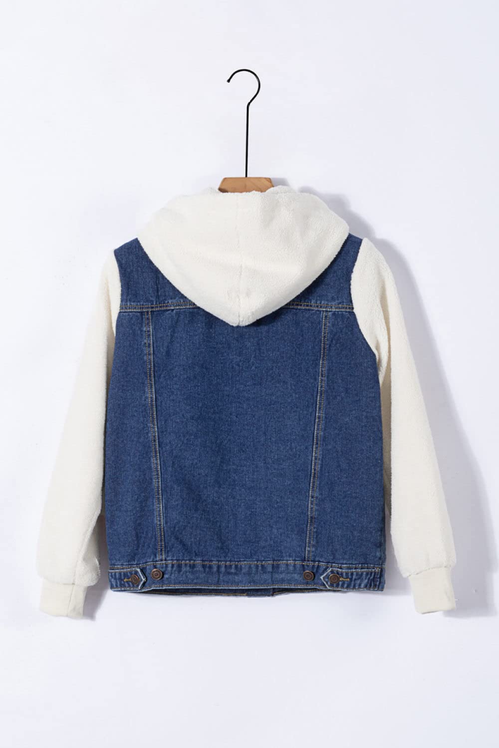 Damskie kurtki dżinsowe, damska kurtka dżinsowa z kapturem sprana niebieska kurtka zimowa gruba imitacja wełny jagnięcej szwy ciepła krótka kurtka przejściowa luźna kurtka dżinsowa kieszenie na guziki