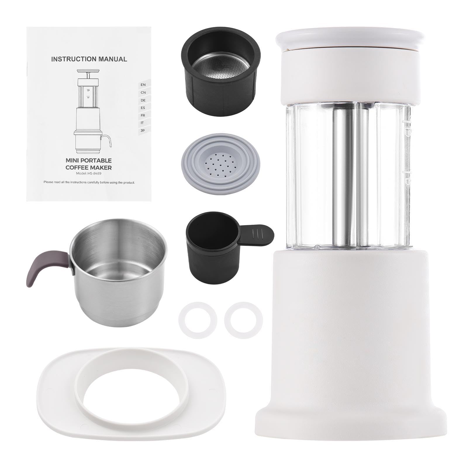 Compacta Prensada a Mano con Tanque de Agua de 80 Ml y Taza 120 Ml, Portátil para Caminatas y Viajes, Prensa Manual para un Auténtico Sabor a (Blanca)