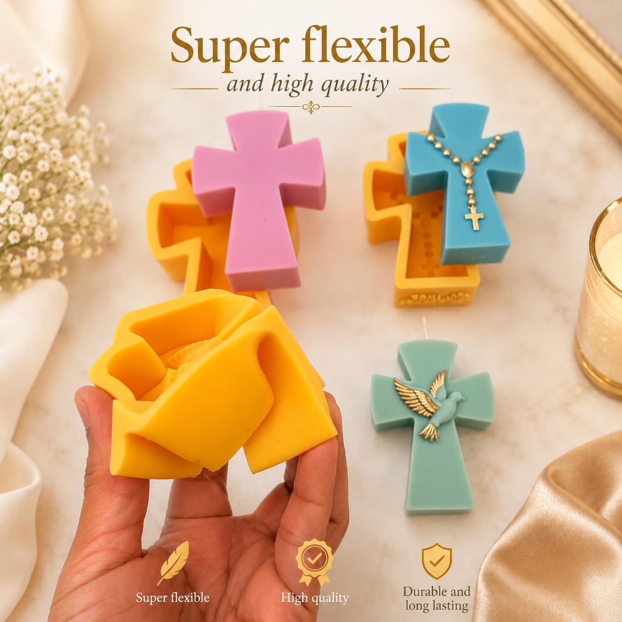 Cross Silicone Mold for Candles 3 Pieces Set, Silicone Mold for Wax, Resin & Soap, Cross Chocolate Mold, Religious Cross Mold for Baptism and Communion Gifts