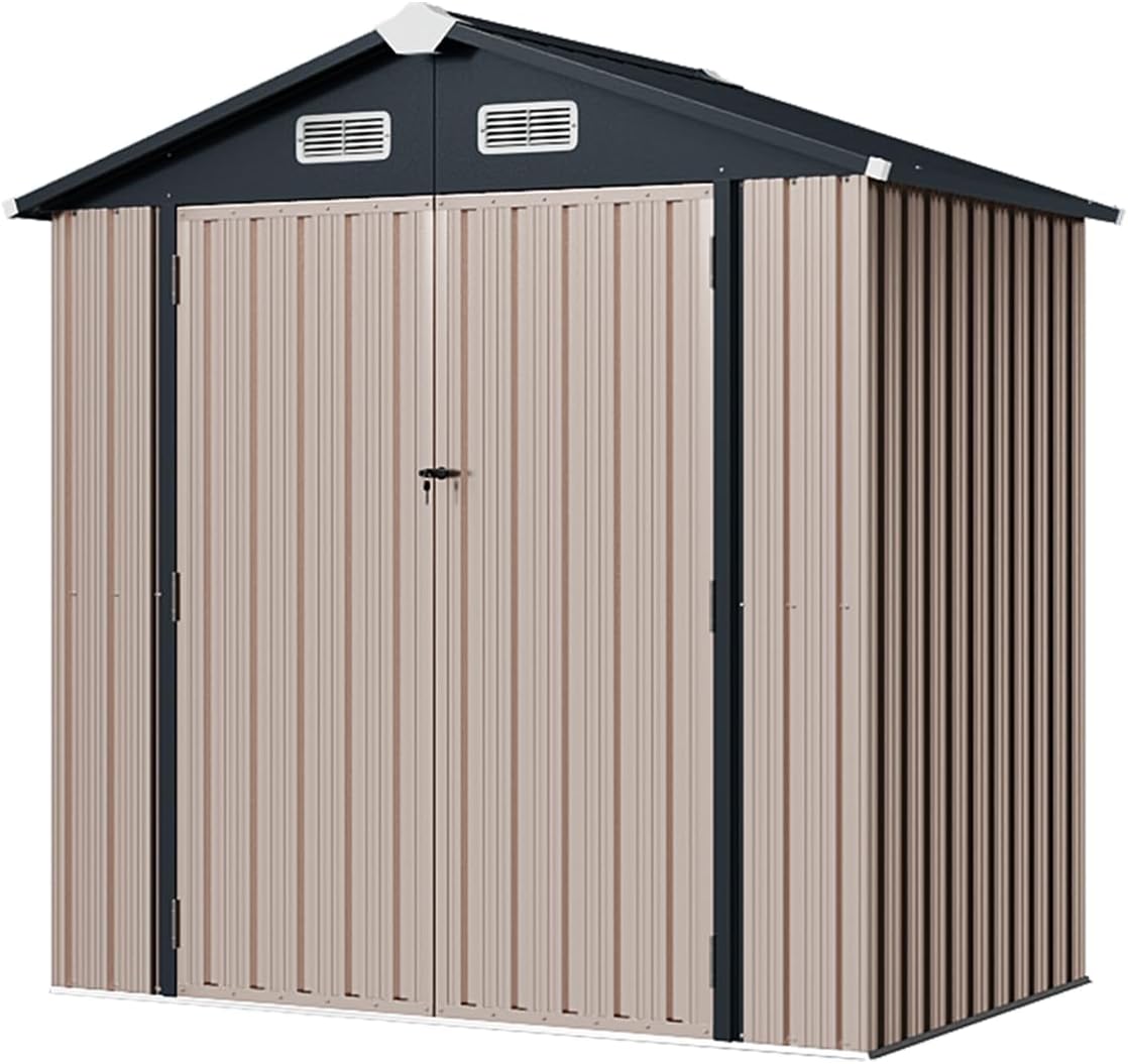 6 x 3.9 FT Outdoor Metal Storage Shed with Lockable Door, Tool Shed with Plastic Floor for Patio, Garden, Backyard & Poolside, Brown Design