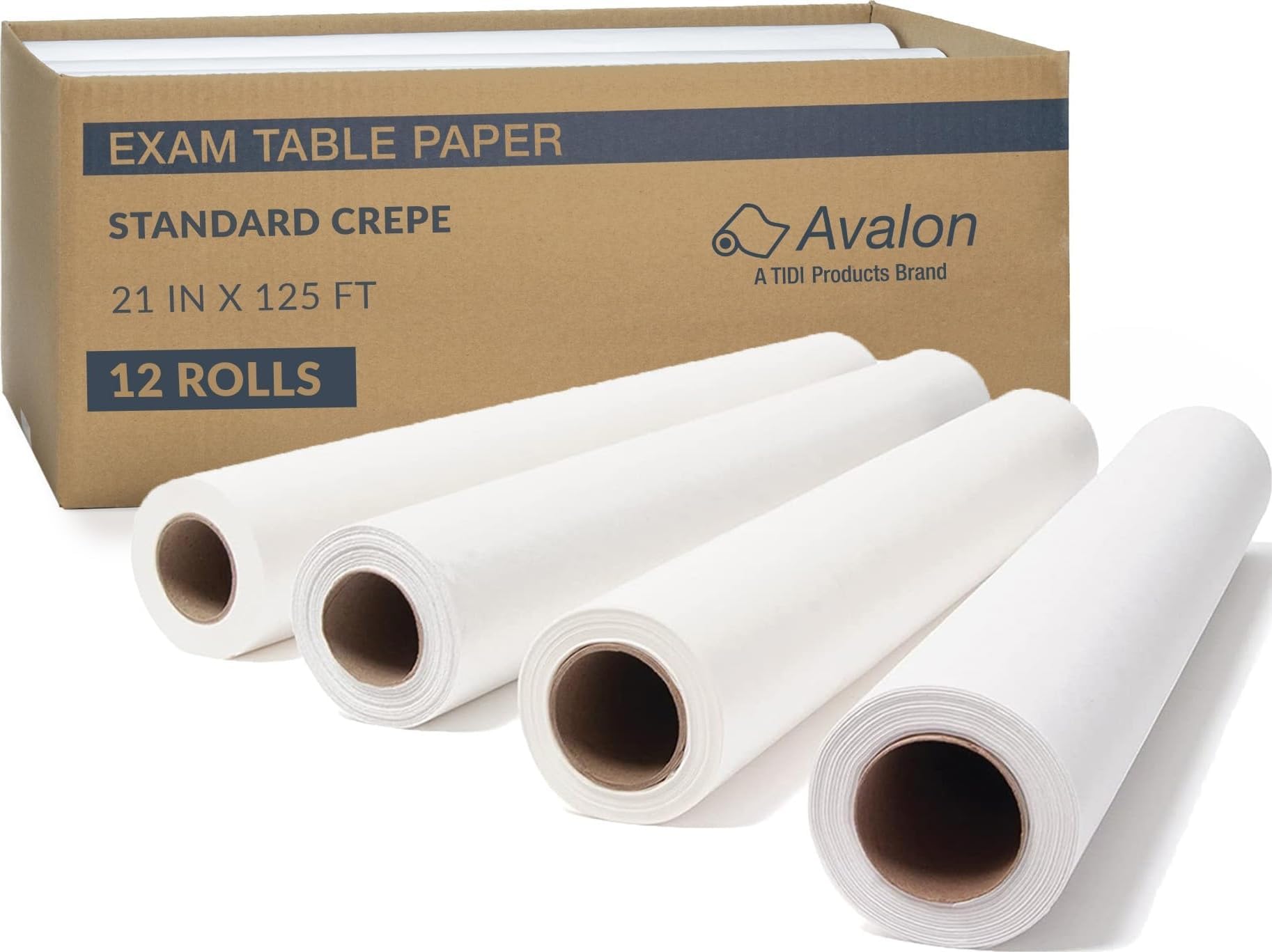 TIDI 617 Avalon Exam Table Paper, White, 21” x 125’ (Pack of 12) ― Standard Crepe Paper ― Hygienic Barrier ― for Medical Offices, Exam Rooms, Daycare Centers, Spas, Tattoo Studios ― Medical Supplies