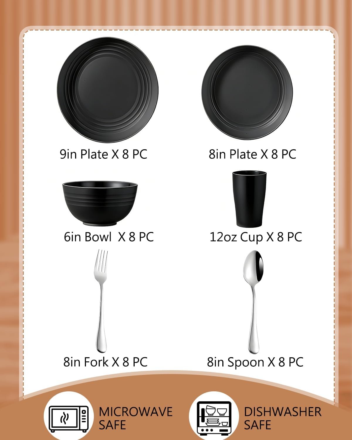 48 Piece Plates and Bowls Sets for 8- Unbreakable Wheat Straw Dinnerware Sets Includes Stainless Steel Forks for Picnic Camping Outdoor Kitchen and Apartment Dinning RV Essentials-Black